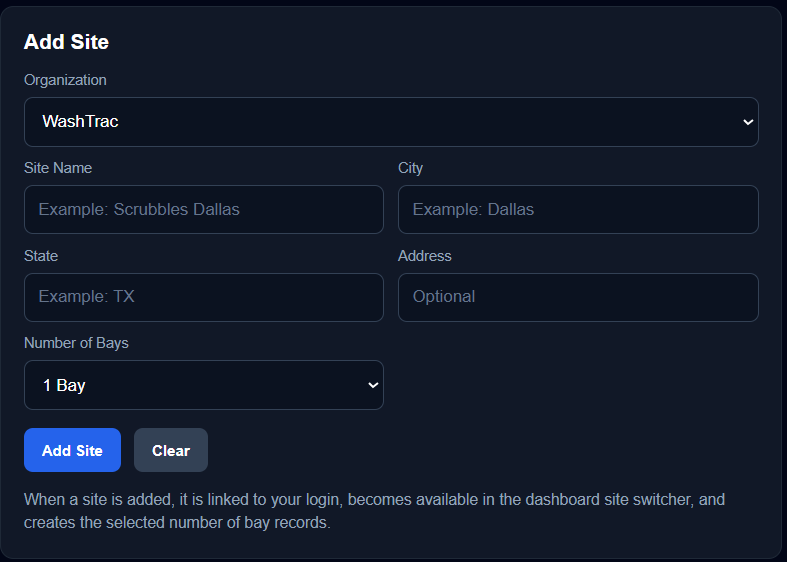 Create or Edit Site Screen