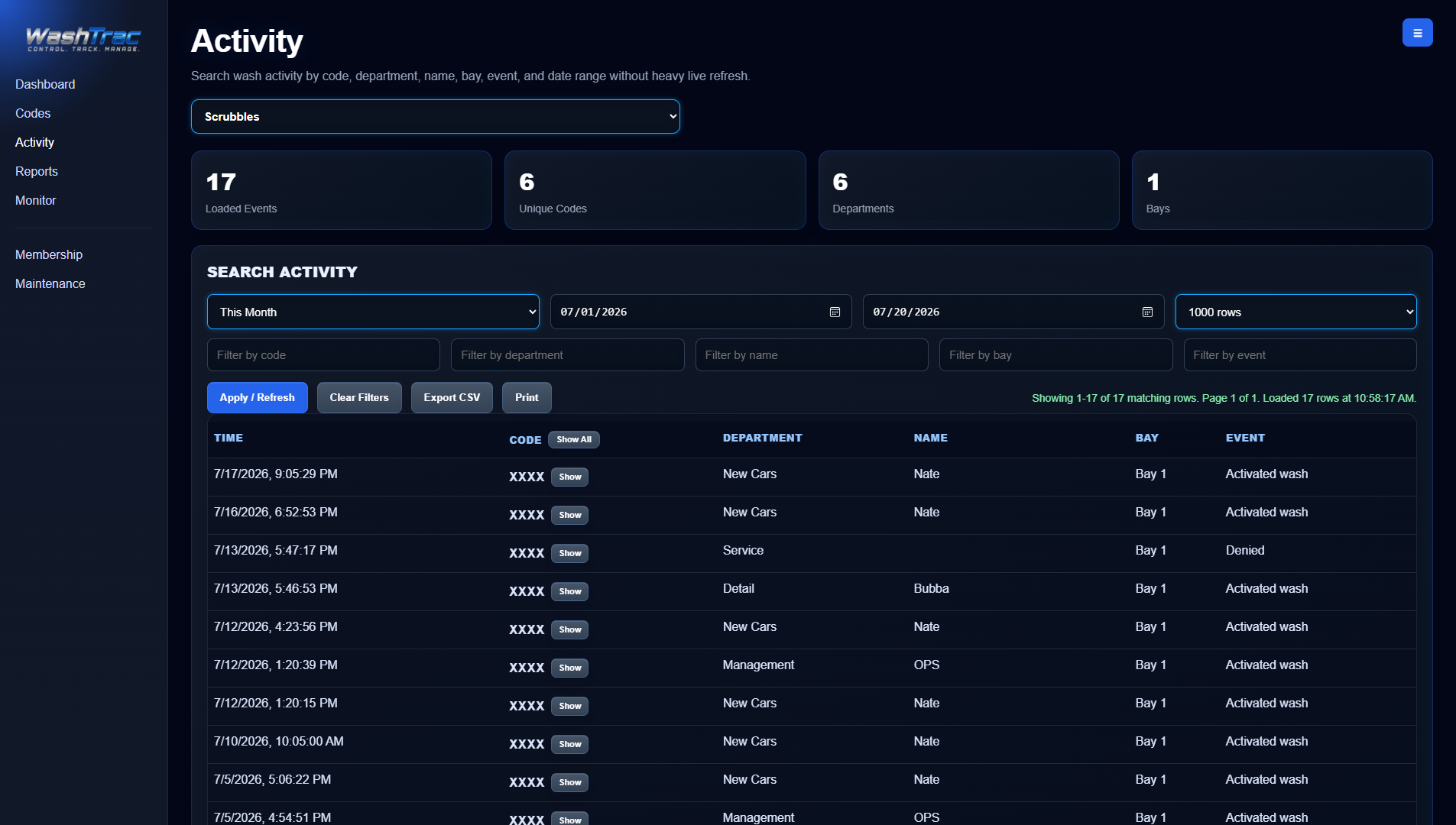 WashTrac activity history and search page