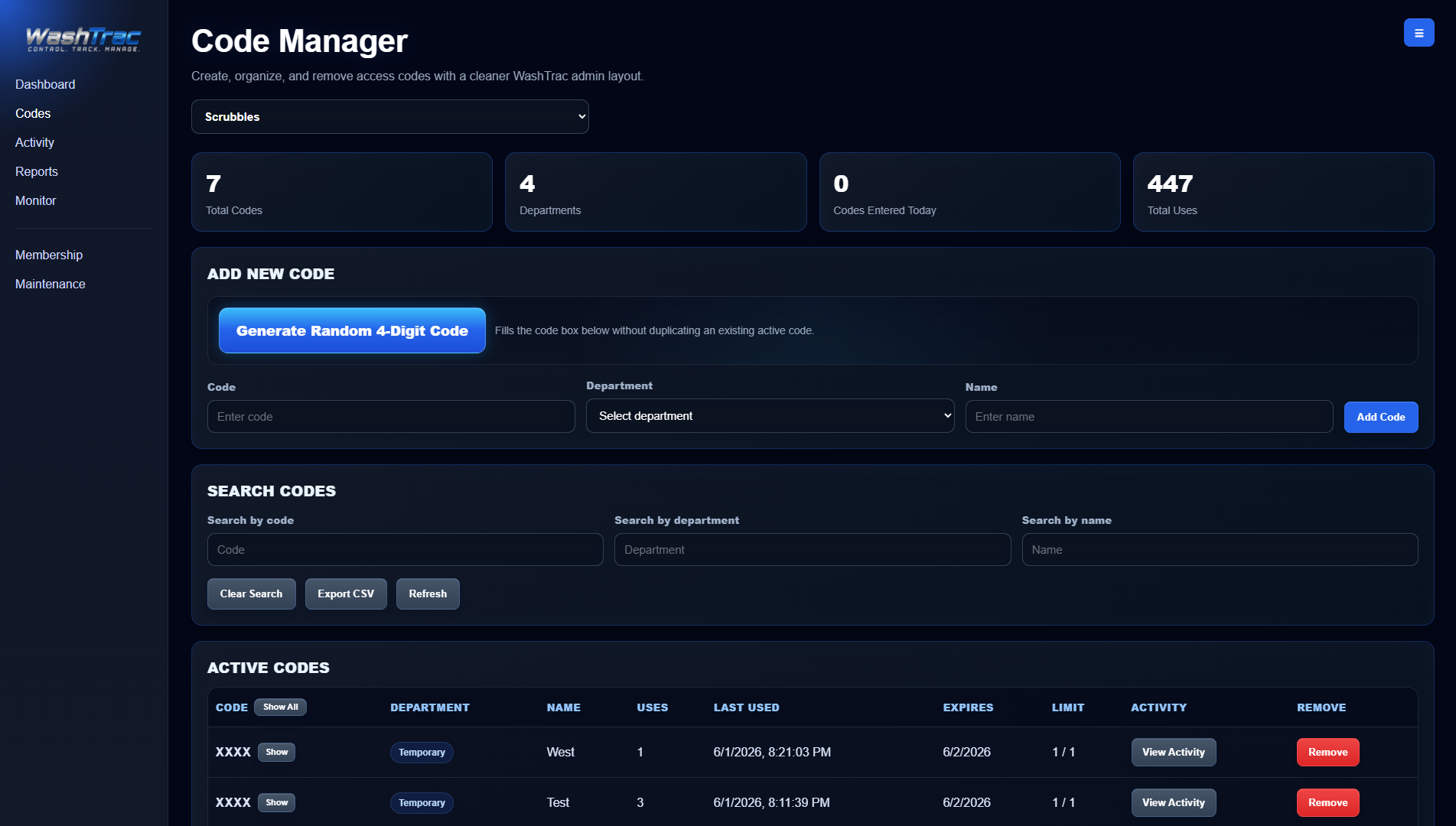 WashTrac code management page