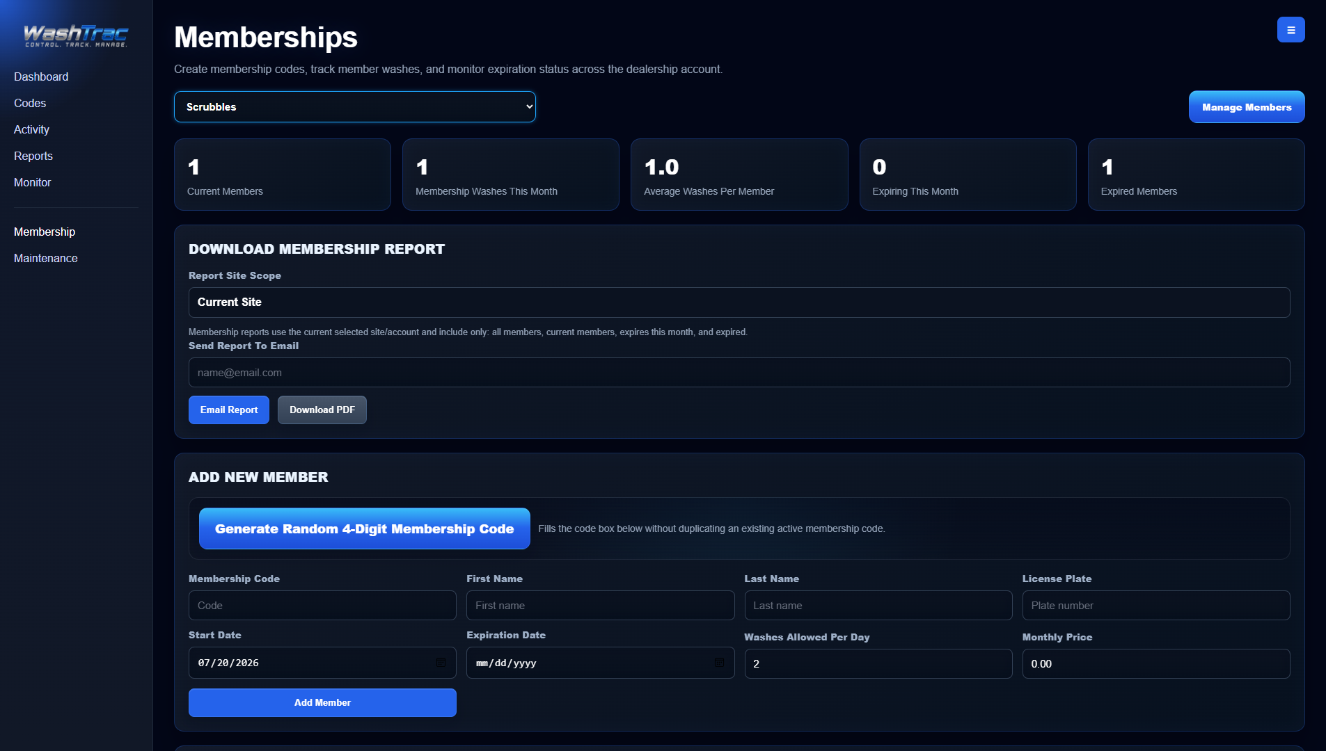 WashTrac membership management page
