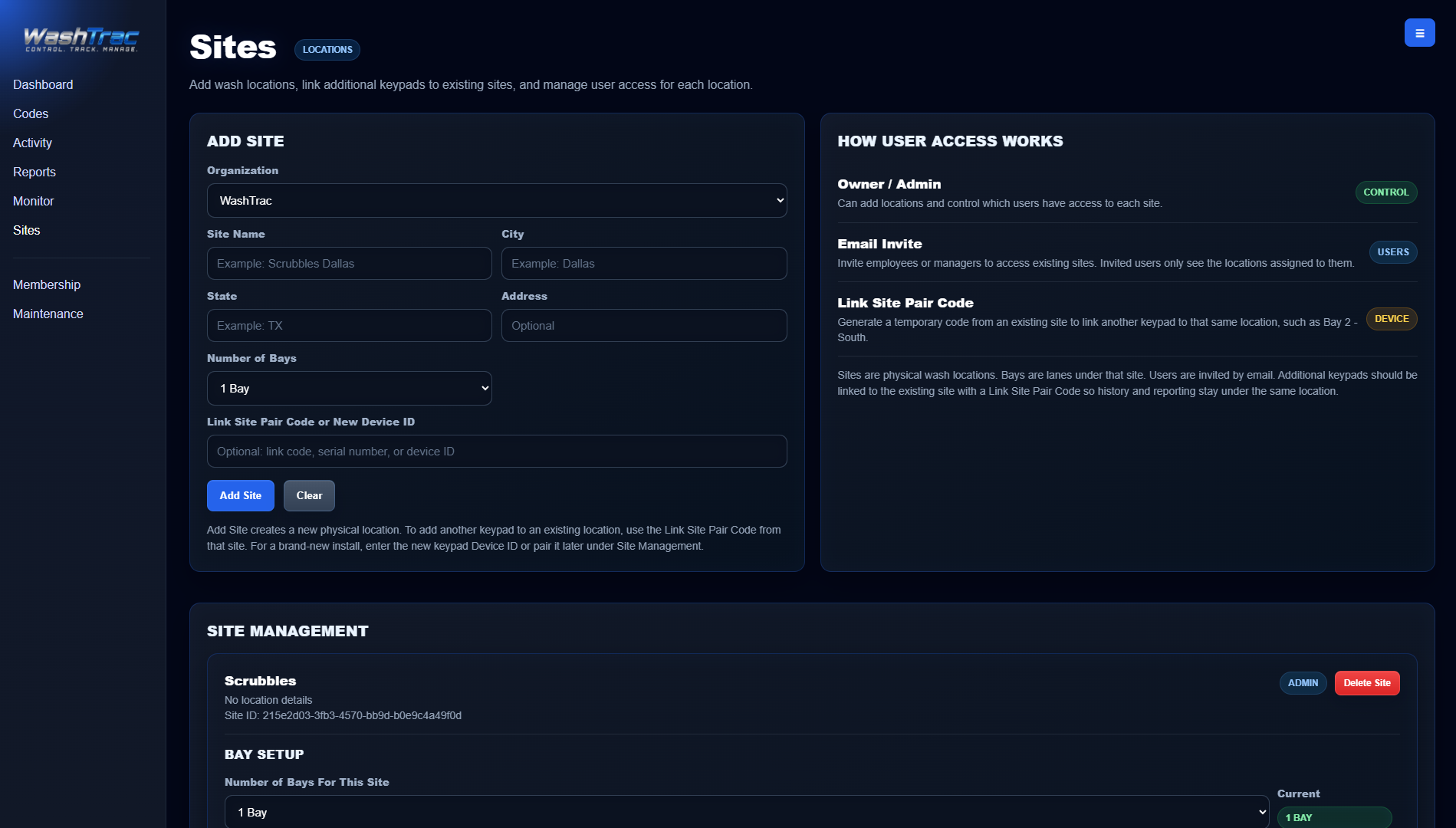 WashTrac site and multi-location management page